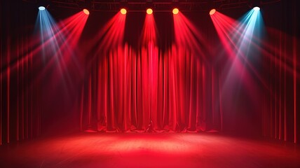 empty stage with red curtain spotlights