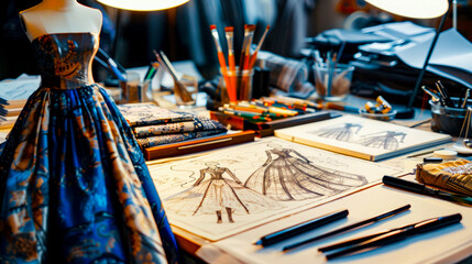 Fashion Design Sketches and Colorful Fabric Patterns.