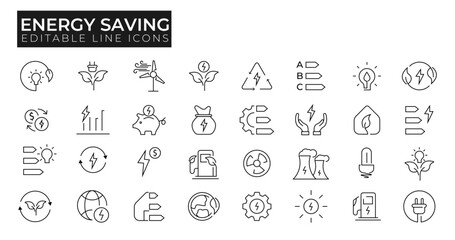 Energy Saving Line Editable Icons set. Includes Solar Energy, Green Planet, Nuclear Plant, Energy Production, Energy Costs, Power Consumption Level, Green House and more.