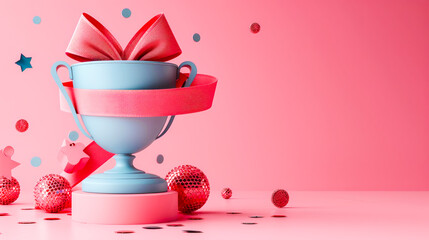 Elegant Gold Trophy with Pink Ribbon on Pastel Background.