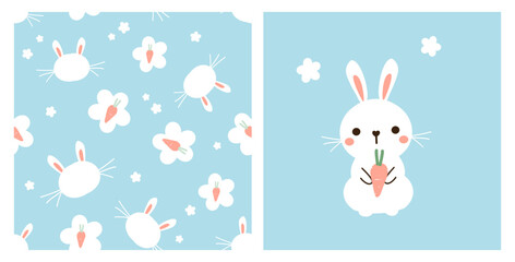 Seamless pattern with bunny,  cute flower and carrot on blue background. Rabbit cartoon vector.