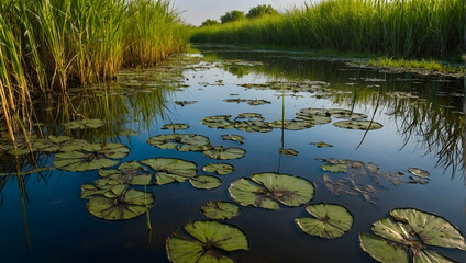 Photo real with nature theme for Wetland Web concept as A complex network of waterways in a wetland teeming with life  ,Full depth of field, clean light, high quality ,include copy space, No noise, cr