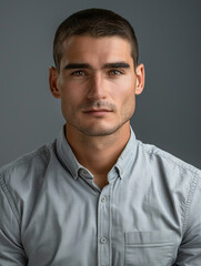 Obraz premium A portrait showing a handsome young man with a calm expression, dressed in a grey button-down shirt for a clean, modern appearance