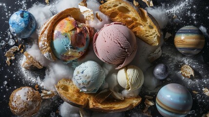 Toasted bread under a melting mix of planet-shaped ice creams