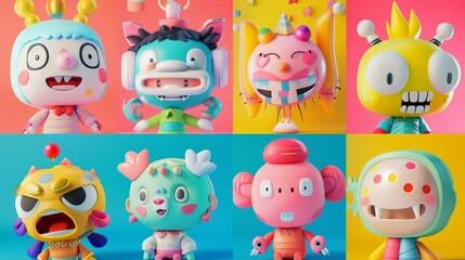 Vivid 3D cute people and toy faces in lively action scenes, set against everchanging color backgrounds