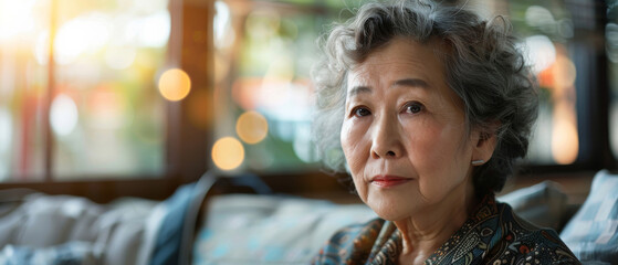 Portrait thinking and senior Asian woman in retirement home, reflection and remembering past life. Elderly, relax and contemplating future or memory, nostalgia and wellness in apartment with bokeh - obrazy, fototapety, plakaty