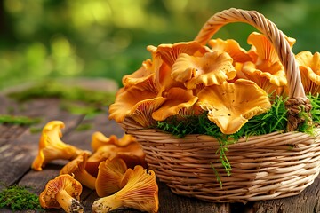 A wicker basket full of fresh chanterelle mushrooms with moss in the forest. Rich harvest. mushroom hunting - Powered by Adobe