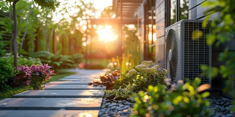 Efficient Outdoor Air Source Heat Pump: Saving Money and Heating Sustainably. Concept Heat Pump Efficiency, Air Source Technology, Sustainable Heating, Energy Savings, Cost-Effective Heating