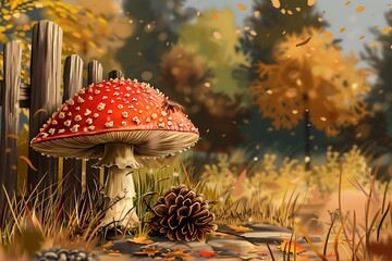 illustration of fly agaric, pine cone, fence against the background of an colourful autumn forest. mushroom hunting - obrazy, fototapety, plakaty