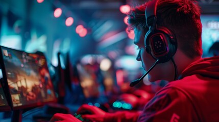 closeup gamer with headset and monitor in neon cyberspace, phygital games, cyber sport