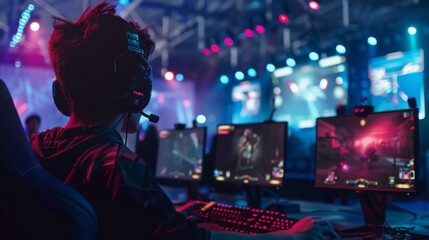 gamer with headset and multiple monitors in neon cyberspace, phygital games, cyber sport, esports