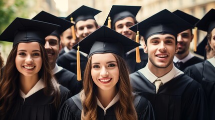 Happy graduating international students wearing bachelor gowns and mortar boards, education concept, candid moment of graduation day ceremony