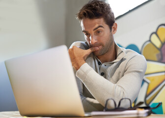Man, laptop or thinking of business, planning or solution to tech glitch, research or questions at...