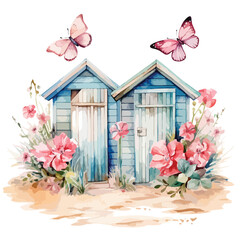Beach House Watercolor with pink flower