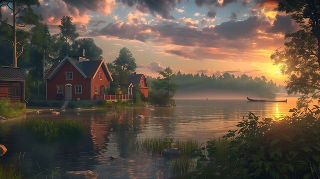 an AI image of a picturesque Swedish midsummer evening with a stunning sunset, featuring a red-painted Swedish house nestled in the background, surrounded by a serene lake and lush forest