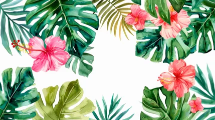 Selbstklebende Fototapeten A vibrant frame watercolor painting featuring various tropical leaves and flowers in rich greens, yellows, and pinks. The leaves are detailed with intricate veins and the flowers. Banner. Copy space © stateronz