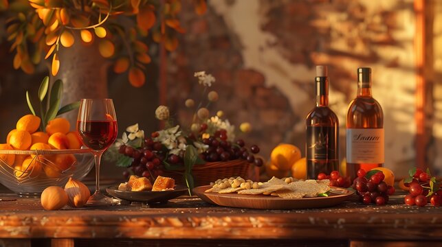 an AI image of a rustic brown table adorned with snacks and wine set against the warm hues of a summer evening