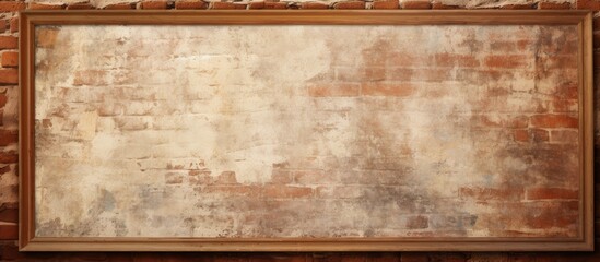 A Brown rectangle painting is hung on a beige brick wall with wood flooring. It displays tints and...