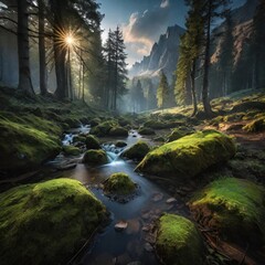 mountain river in the forest - obrazy, fototapety, plakaty