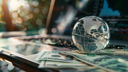 Crystal globe on many currency with laptop and growth graph on screen - obrazy, fototapety, plakaty