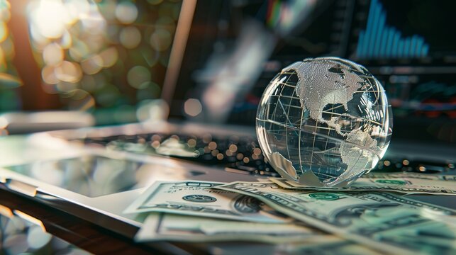 Crystal Globe On Many Currency With Laptop And Growth Graph On Screen