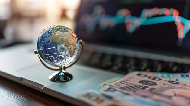 Crystal Globe On Many Currency With Laptop And Growth Graph On Screen