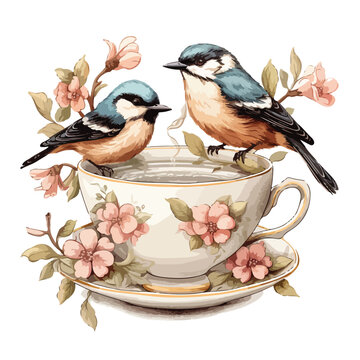 Birds in tea cup clipart isolated on white background