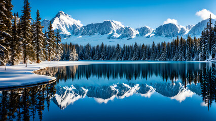 The lake scenery in winter, with mountains and forests in the distance and snow on the mountains - Powered by Adobe
