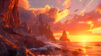 A dramatic sunset over a rugged coastline, with waves crashing against towering cliffs and seagulls...