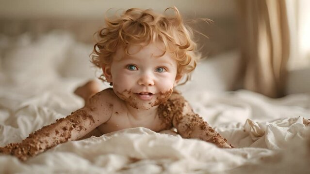 A cute little boy child is laughing as he plays on white bed in the mud and rubs dirt on his face with his hands. Dirty child on white sheets at home. Having fun 4k video