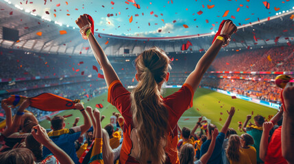Young girl soccer fans with a beaming smile, wearing national colors with pride, crowded sports stadium event, cheering passionately. - obrazy, fototapety, plakaty