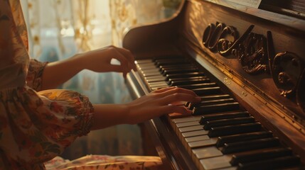 A woman is playing the piano with her hands on the keys