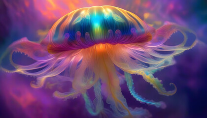 A digital painting of a jelly fish in neon colors