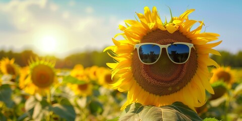 Sunflower in sunglasses on the field