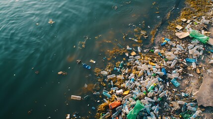 Fototapeta na wymiar Aerial shot view waterfront scrap-heap pile plastic bottles rubbish outdoor. Pollution debris on lakeshore