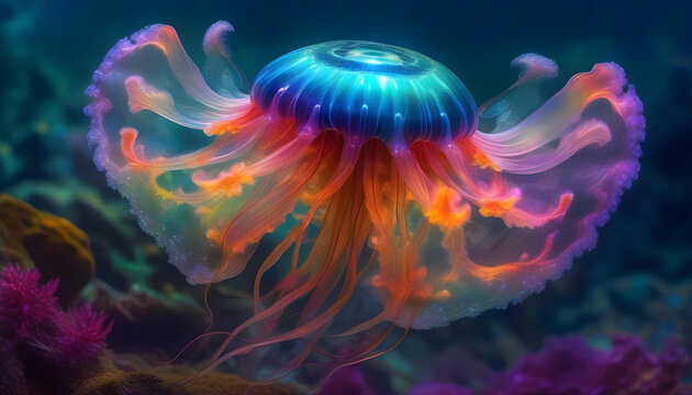 A digital painting of a jellyfish with bright neon colors and a dark background