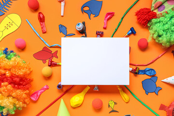 Blank card with paper fishes, clown wigs and party decor on orange background. April Fools Day...
