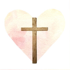 Watercolor wooden cross on a peach heart background. Card for Easter, holy Thursday isolated on white