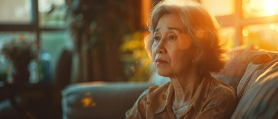 Thinking, depressed and senior Asian woman in retirement home, reflection and remembering past life. Elderly, pensioner and contemplating future or memory, nostalgia with warm sunset background