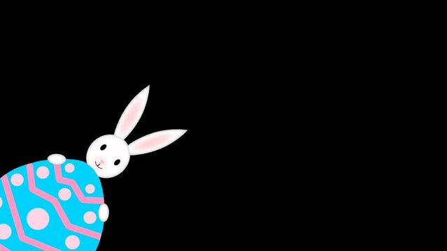 An animated Easter bunny peeking out from behind an Easter egg. Video animation isolated on a transparent background with a alpha channel.