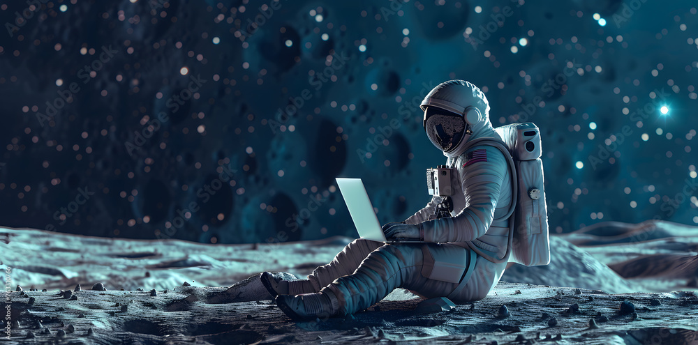 Wall mural Astronaut uses his laptop sitting on the moon, photo-realistic landscapes. 