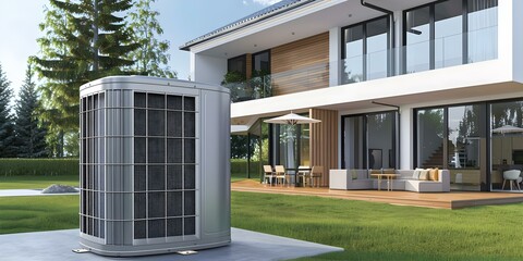 Efficient heat pump system in modern residential structure for ecofriendly living. Concept Heat Pumps, Energy Efficiency, Residential Design, Eco-Friendly Living, Modern Technology,