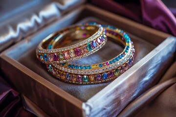 Close-up of ornate gemstone bangles in a stylish presentation box with satin lining