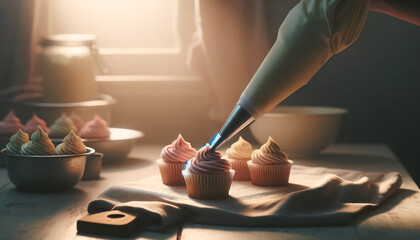 Artisan Baker Adorns Cupcakes with Swirls of Pink Frosting - obrazy, fototapety, plakaty