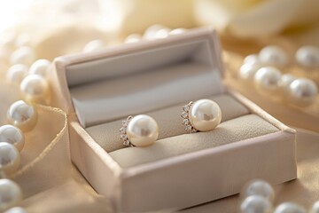 Close-up of pearl earrings adorned with tiny crystals, presented in a luxurious box among silky fabric