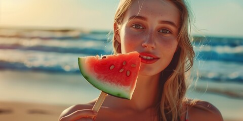 Happy young woman eating watermelon on beach