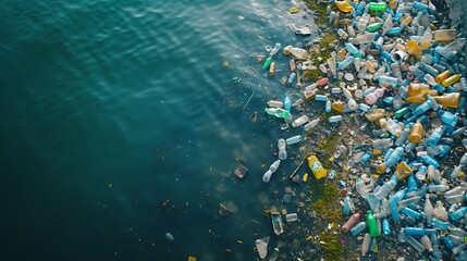 Aerial shot view waterfront scrap-heap pile plastic bottles rubbish outdoor. Pollution debris on lakeshore