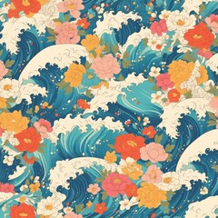 A pattern of colorful waves and flowers