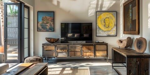 media console, constructed from weathered metal and wood, housing a flat-screen TV and framed artwork