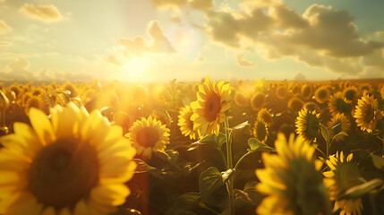 A field of sunflowers basking in the summer sun, with their bright yellow petals turning towards the warmth of the sky